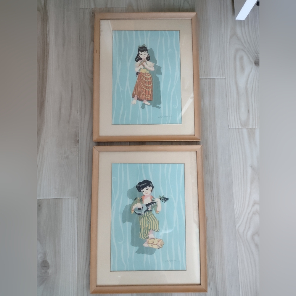 Vintage Winona Childers Silkscreen Print MCM Children Hawaiian Framed Serigraph